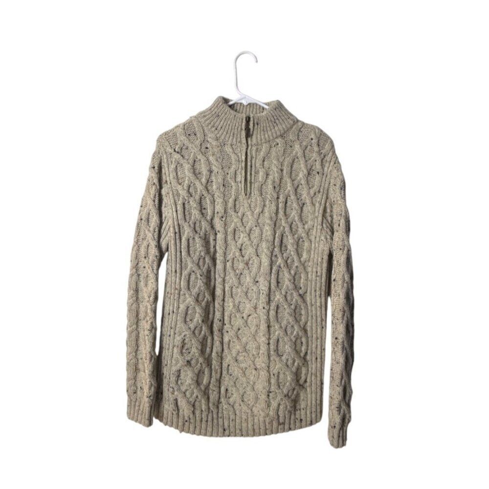 Inis Crafts Mens Merino Wool Cable Knit Sweater With Zipper Beige